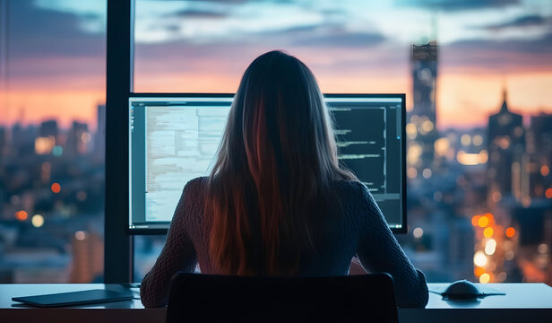 A woman sits at a desk in front of a computer, facing away from the camera, with a city skyline in the background.