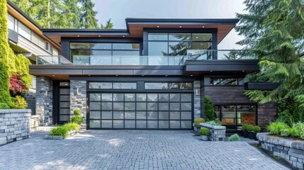 Fototapeta premium Modern garage door with glass and steel paneling, gray color, with stone exterior walls