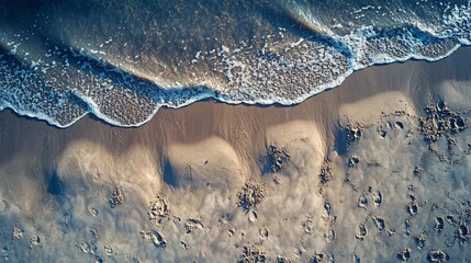 Aerial view of beach waves and sand patterns.