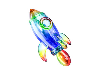 Futuristic Holographic Gradient Abstract Crystal Material Rocket Icon  Isolated on Transparent Background