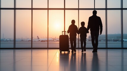 Family silhouette walking in airport at sunset with luggage.