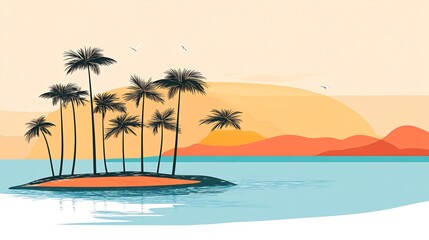 Obraz premium A simple illustration of a tropical island with palm trees and a sunset in the background.