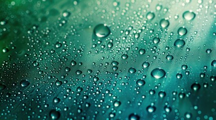 Water droplets on green background, closeup, top view, macro photography