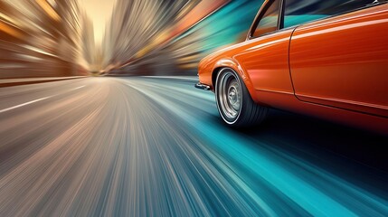 Dynamic motion shot of an orange car on a city street.