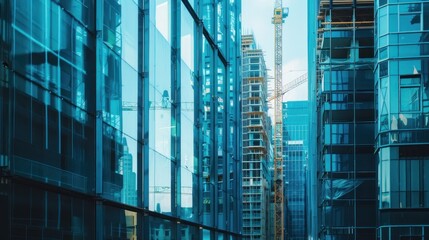 Fototapeta premium A blue construction site in the background behind glass windows, cranes and buildings being built
