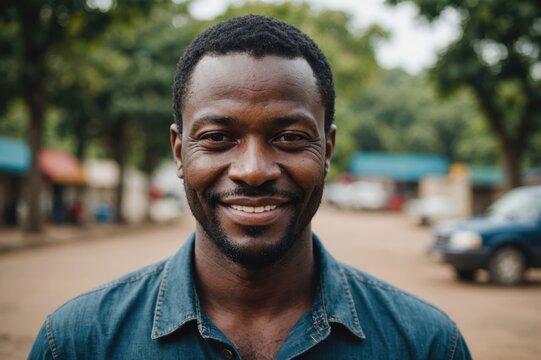 Close portrait of a smiling 40s Liberian man looking at the camera, Liberian outdoors blurred background