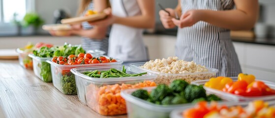 Obraz premium Preparation of healthy meal with fresh vegetables in plastic containers on kitchen table.
