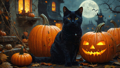Chat noir et citrouilles lumineuses sous la pleine lune d'Halloween