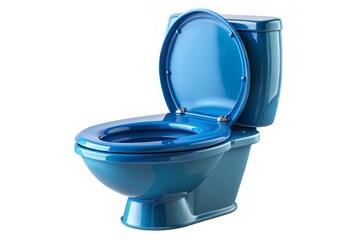 Blue ceramic flush toilet with open lid on transparent background for bathroom and interior design use