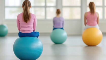 Three young women exercising on stability balls in a bright gym.