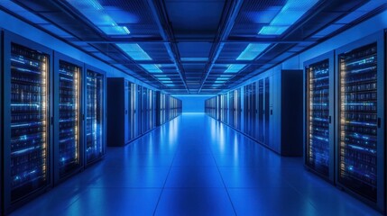 Fototapeta premium A modern data center corridor with illuminated server racks and a futuristic ambiance.