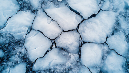 A top-down view of cracked, light-blue ice floes on dark water.