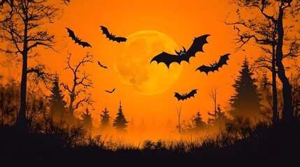 Fototapeta premium Bats flying over a spooky forest with twisted trees and full moon