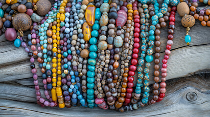Colorful Beaded Necklaces Displayed on Wooden Surface