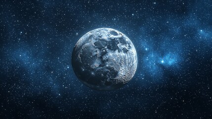 Detailed moon in vast space, surrounded by a blue nebula and shining stars, showcasing cosmic beauty.