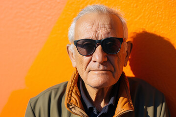 Fototapeta premium Portrait of an elderly man wearing sunglasses against a bright wall on a sunny day. 