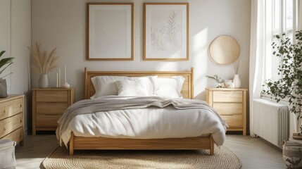 Mock up frame in a Scandinavian bedroom with light natural wooden furniture and simple, clean design