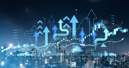 A financial chart with upward arrows and various graphs overlaying a cityscape at night. It represents concepts of stock market growth, forex trading, and business evolution
