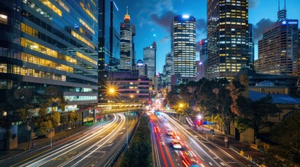 A photograph of the outside view of an office building , with street lights and traffic light streaks