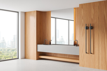 Modern bathroom with wooden details and large windows. 3D Rendering