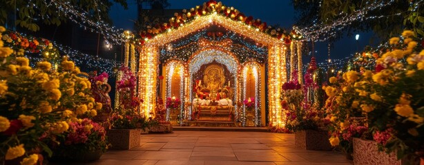 Obraz premium An intricately designed Navratri pandal lit up with fairy lights and surrounded by flowers,
