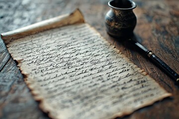 A close-up of an old, weathered death certificate, written in calligraphy, with a quill and inkpot resting beside it