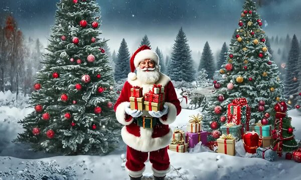 P&egrave;re No&euml;l tenant des cadeaux devant deux sapins de No&euml;l magnifiquement d&eacute;cor&eacute;s, entour&eacute; de nombreux pr&eacute;sents dans une for&ecirc;t enneig&eacute;e