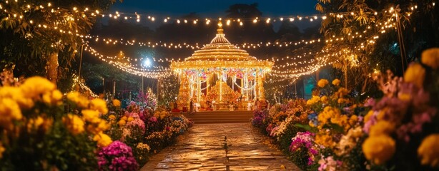 Fototapeta premium An intricately designed Navratri pandal lit up with fairy lights and surrounded by flowers,