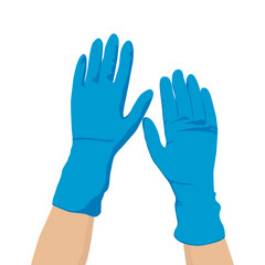Human Hands Wearing Blue Rubber Gloves, Isolated On White Background. Vector Illustration