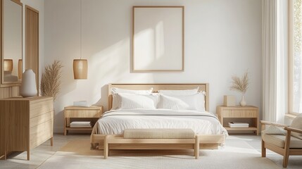 Mock up frame in a serene bedroom with natural wooden furniture and soft, muted tones 