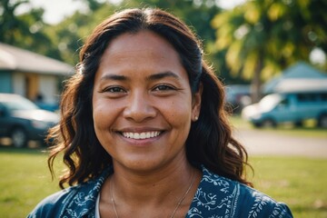 Close portrait of a smiling 40s Marshallese woman looking at the camera, Marshallese outdoors blurred background