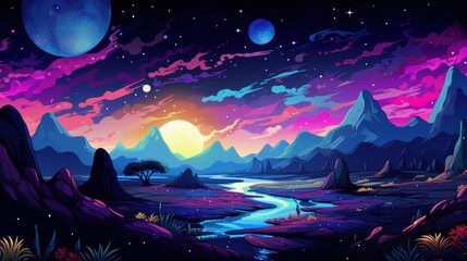 Fototapeta premium A vibrant, fantastical landscape with mountains, a river, and a glowing sun in a starry sky