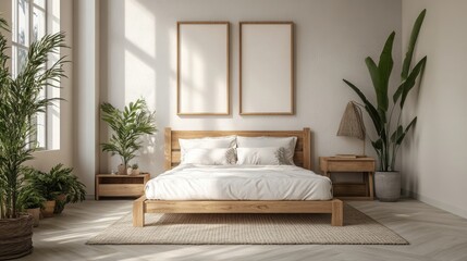 Mock up frame in an elegant bedroom with natural wooden bed and light, airy decor