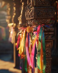 Close-up of festival decorations on a temple gate, colorful ribbons and intricate carvings, bathed in late afternoon sunlight
