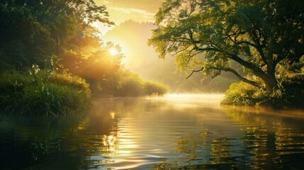 A serene river with mist rising from its surface, reflecting the golden light of sunrise 