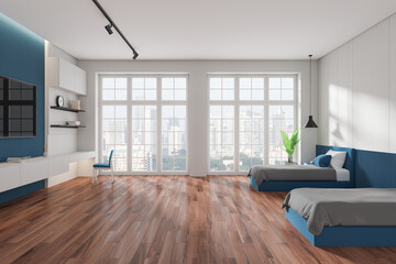 Colored home bedroom interior with sleep and work space, panoramic window