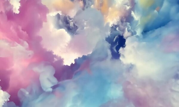 Motifs abstraits aux couleurs douces et pastel (bleu, rose, violet et blanc) fusionnant en un m&eacute;lange vaporeux &eacute;voquant des nuages