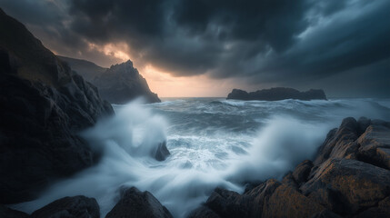 Obraz premium Dramatic Ocean Waves Crashing Against Rocky Coastline