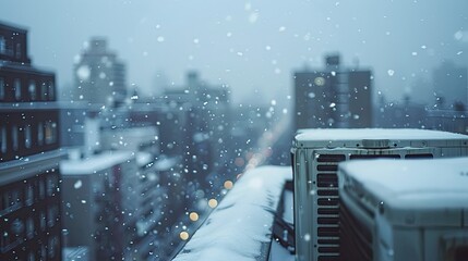 Winter rooftop scene with snow-covered HVAC units and a cold cloudy sky