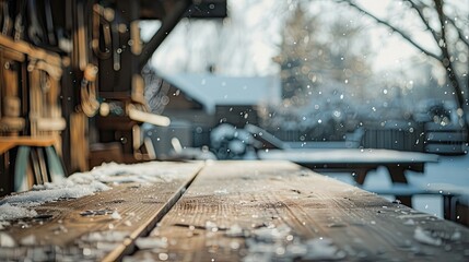 Blurry snowy workshop scene with tools and a clear winter sky