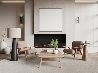 Modern living room featuring blank poster on the wall above a fireplace, surrounded by contemporary furniture and decor. 3D Rendering