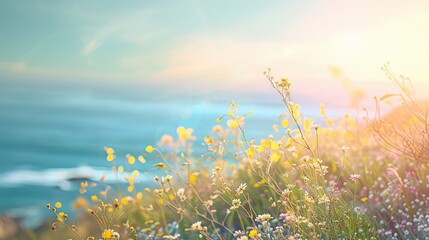 Fototapeta premium Blurry spring cliffside with wildflowers and a bright blue sky