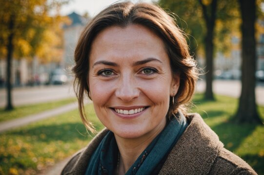 Close portrait of a smiling 40s Moldovan woman looking at the camera, Moldovan outdoors blurred background