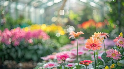 Blurry spa garden scene with blooming trees and a clear sunny sky