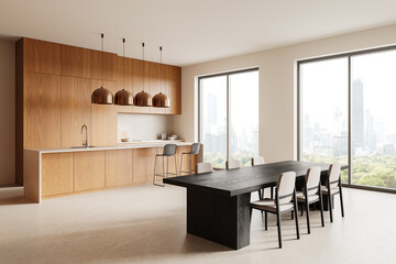 Modern kitchen and dining area with large windows and city view. 3D Rendering