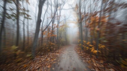 Obraz premium Winding autumn forest trail blurred with fallen leaves and misty skies