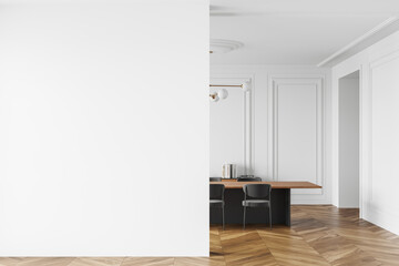 Cozy home living room interior with eating table and chairs, drawer. Mockup wall