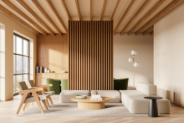 Beige home living room interior with relaxing and eating zone, window