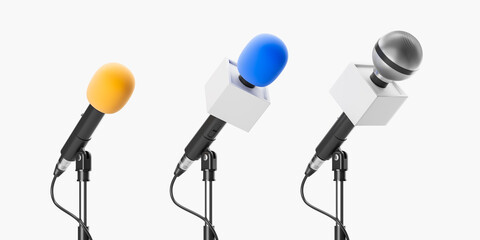 Different microphone set in row on stands, white background