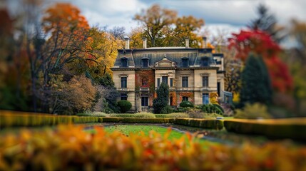 Historic mansion in fall blurred gardens and soft overcast skies